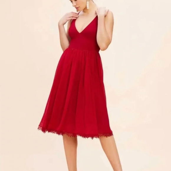 NWT Dress The Population Alicia Chiffon Lace Fit & Flare Midi Dress Garnet XL - Picture 2 of 11